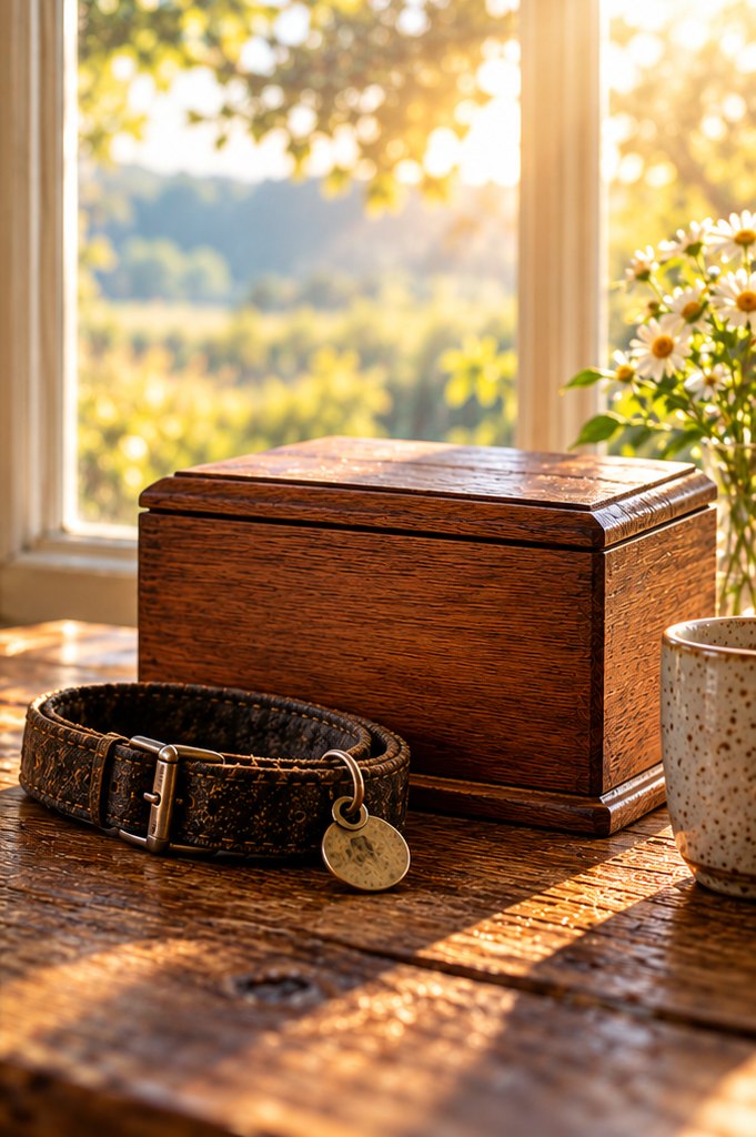 A plain wood keepsake box and a worn leather collar on a sunny windowsill